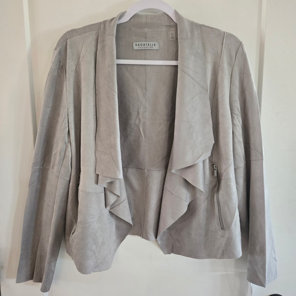 Bagatelle Collection Grey Faux Suede Draped Open Front Jacket Large 66678 - Picture 2 of 11